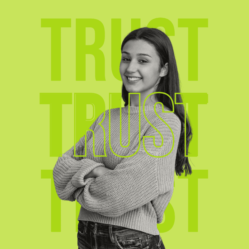 Smiling business owner with trust typography
