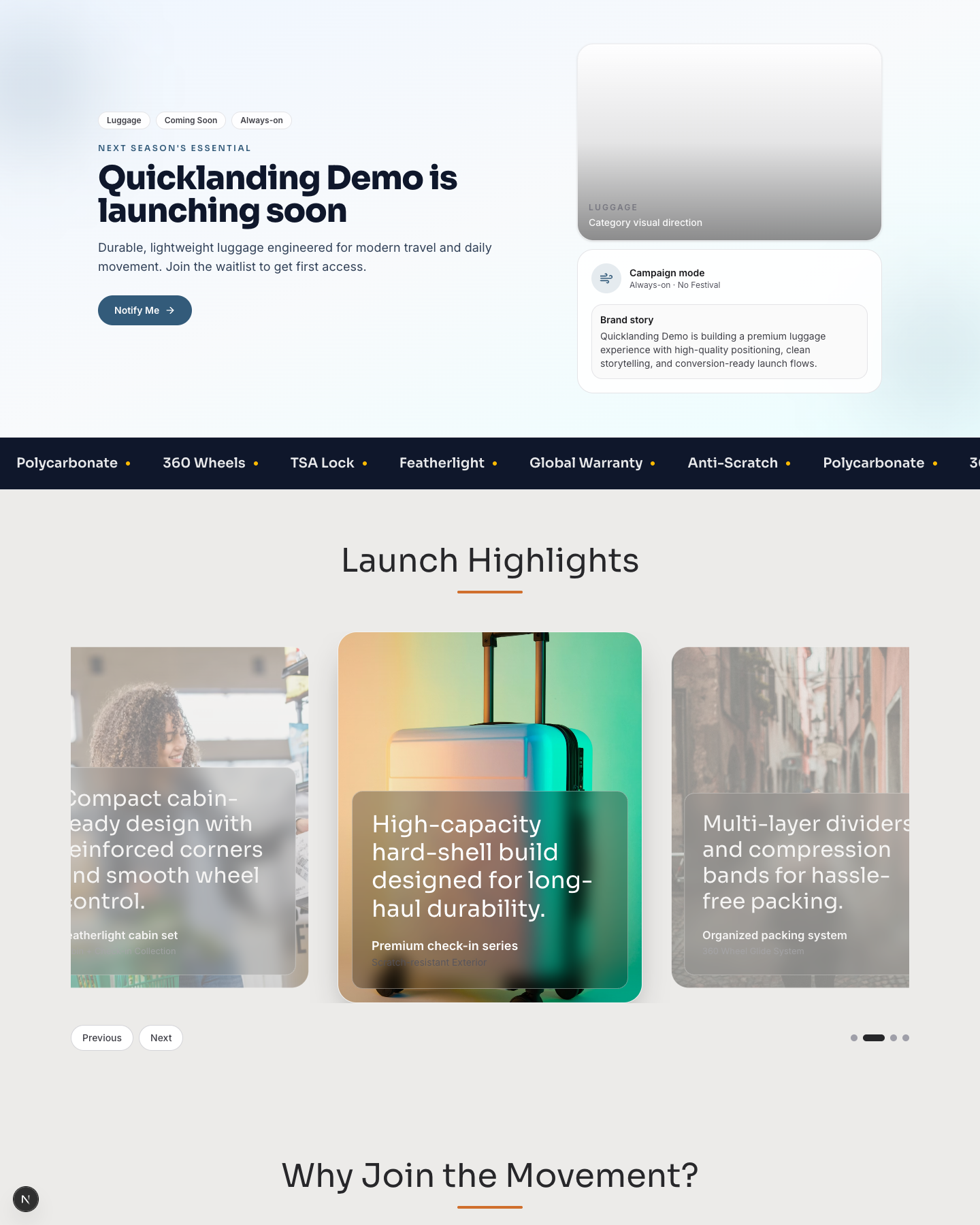 Travel Gear Launch website preview screenshot