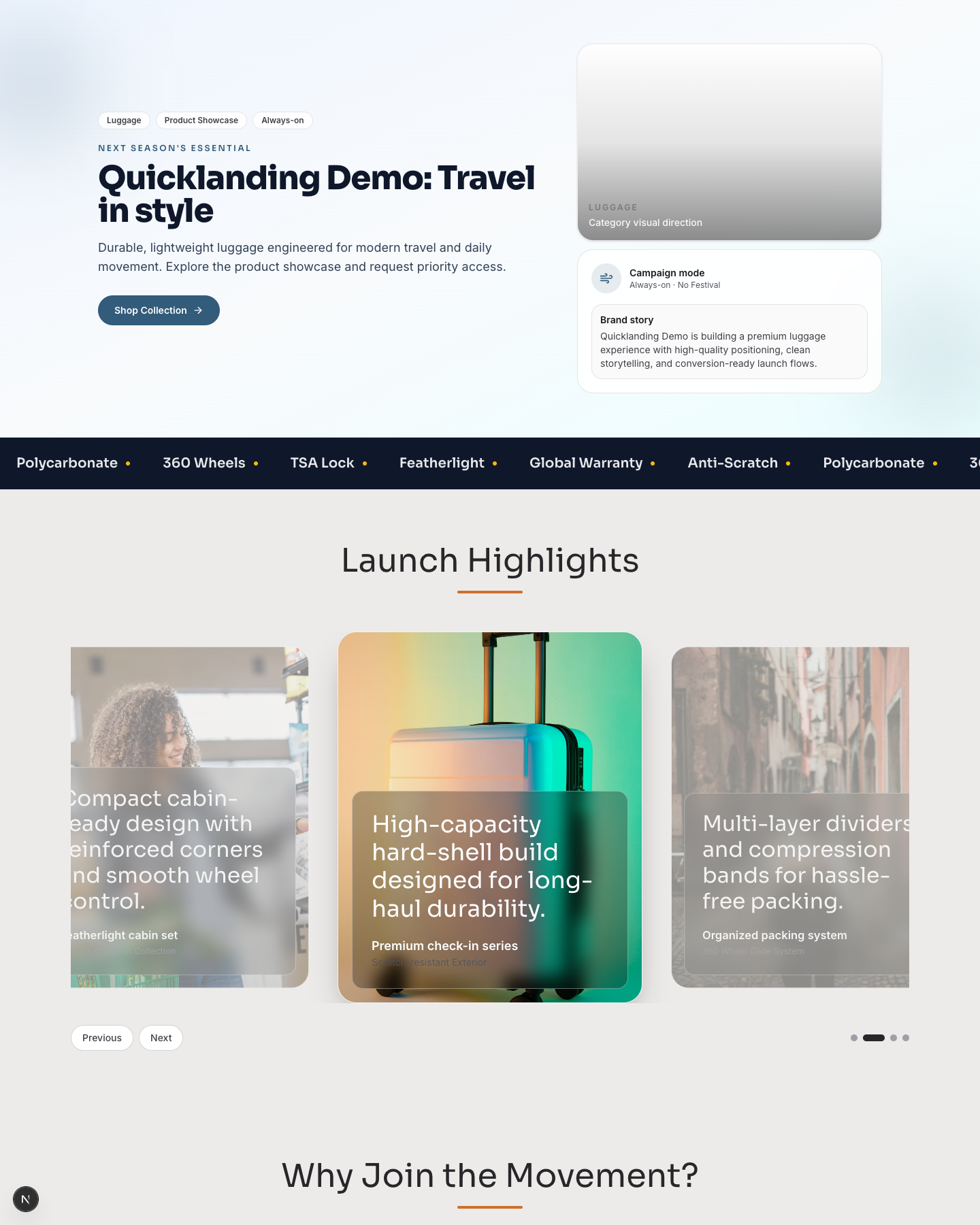 Travel Gear Showcase website preview screenshot